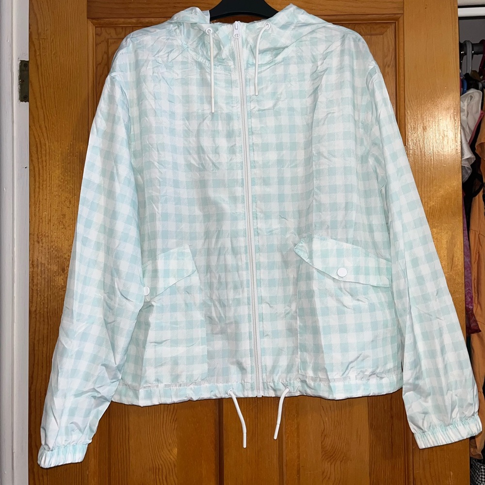 Packable Light Blue Plaid Jacket